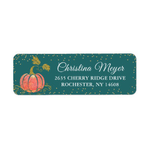 Teal Green Gold Watercolor Pumpkin Return Address