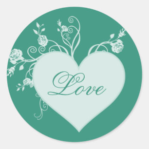 Teal Green Heart and Roses Love Stickers