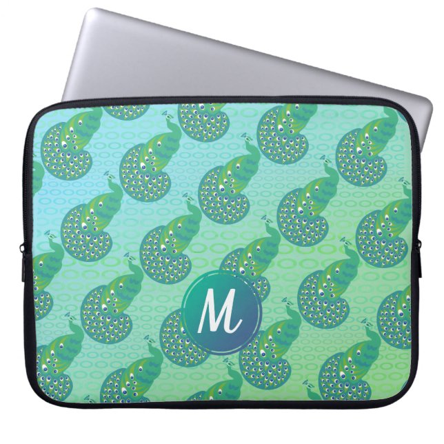 Teal Green iridescent Peacock Pattern Monogram Laptop Sleeve (Front)