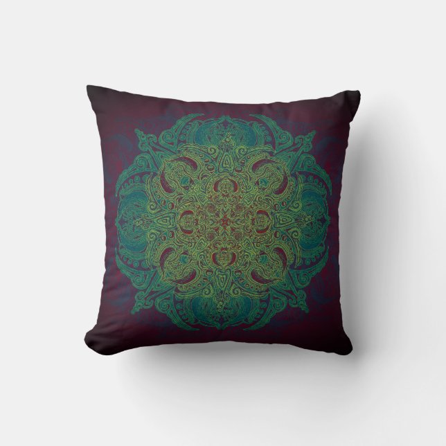 Teal & Green Lacey Mandala Over Burgundy Cushion (Front)