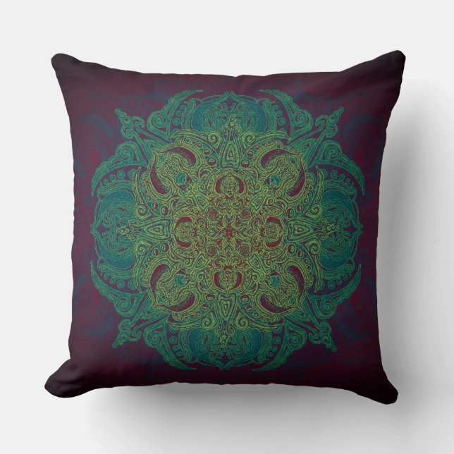 Teal & Green Lacey Mandala Over Burgundy Cushion (Front)