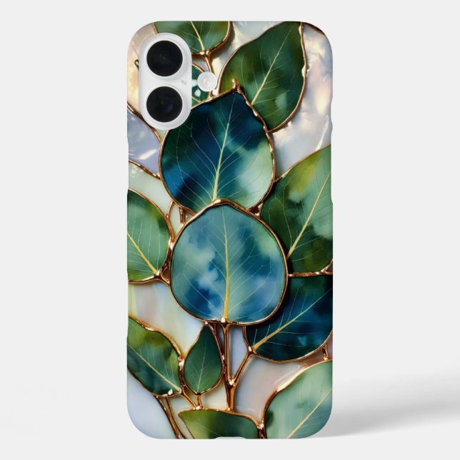 Teal Green Leaf Stained Glass Phone Case (Back)