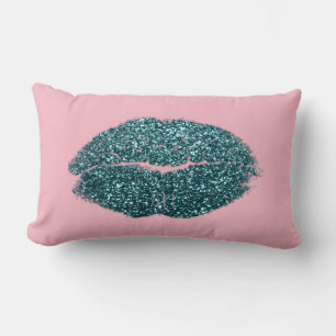 Teal Green Lips Glitter Pastel Pink Beauty Kiss Lumbar Cushion