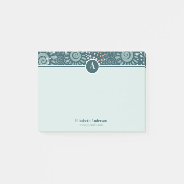 Teal green meadow floral pattern monogrammed 4x3 post-it notes (Front)