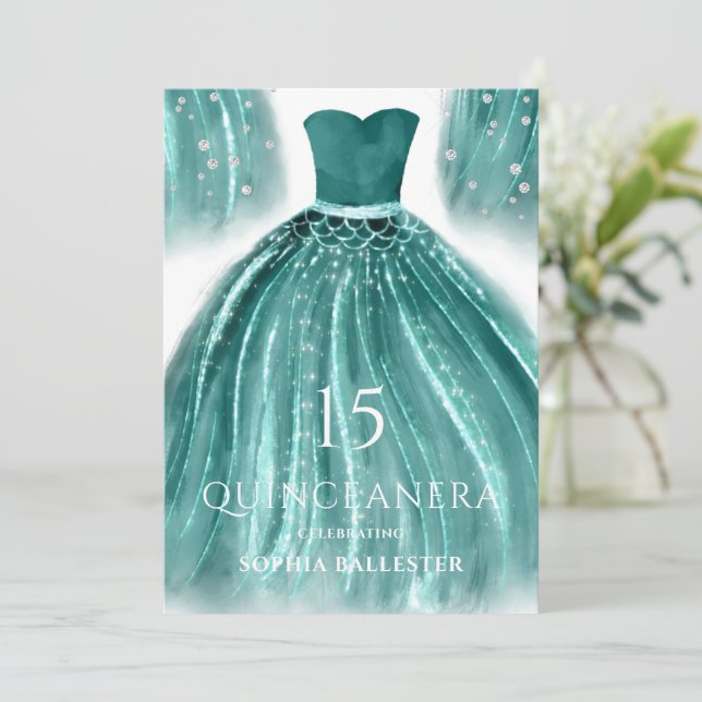 Teal Green Mermaid Dress Quinceanera Party Invitation (Standing Front)