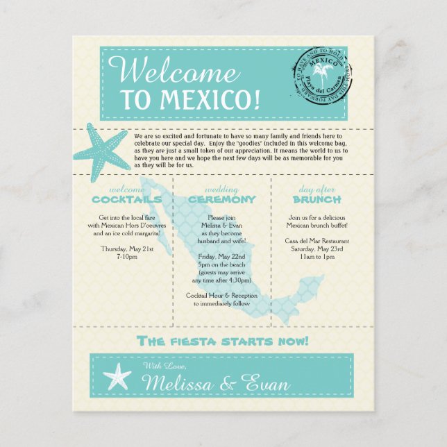 Teal Green Mexico Wedding Welcome Letter (Front)