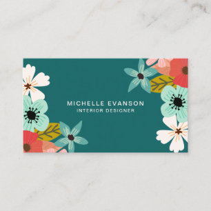 Teal Green Modern Floral Colourful Flower Shop Business Card
