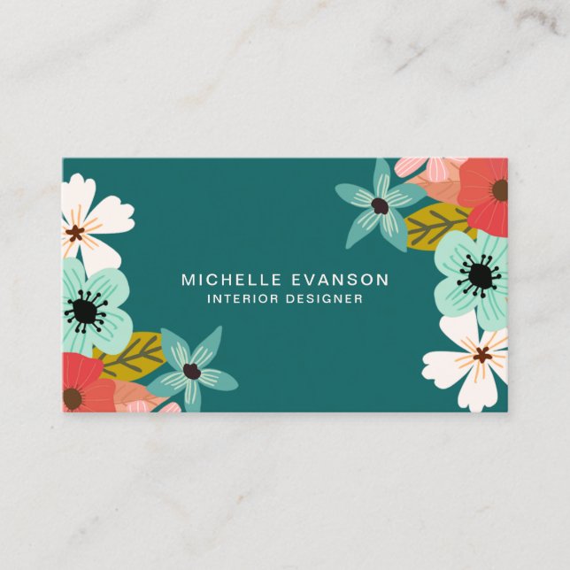 Teal Green Modern Floral Colourful Flower Shop Business Card (Front)