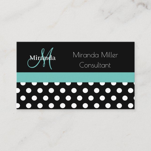 Teal Green Monogram Black White Polka Dot Business Card (Front)