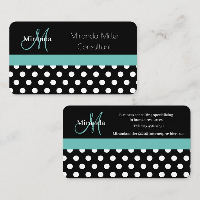 Teal Green Monogram Black White Polka Dot Business Card (Front/Back)