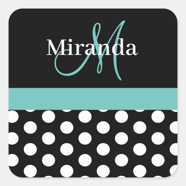 Teal Green Monogram Black White Polka Dot Square Sticker (Front)