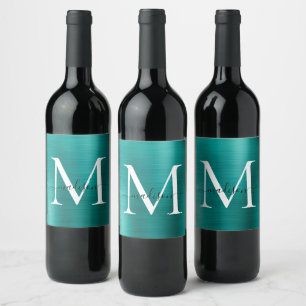 Teal Green Monogram Girly Script Metallic Steel Wine Label