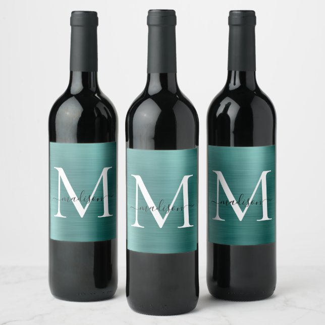 Teal Green Monogram Girly Script Metallic Steel Wine Label (Bottles)