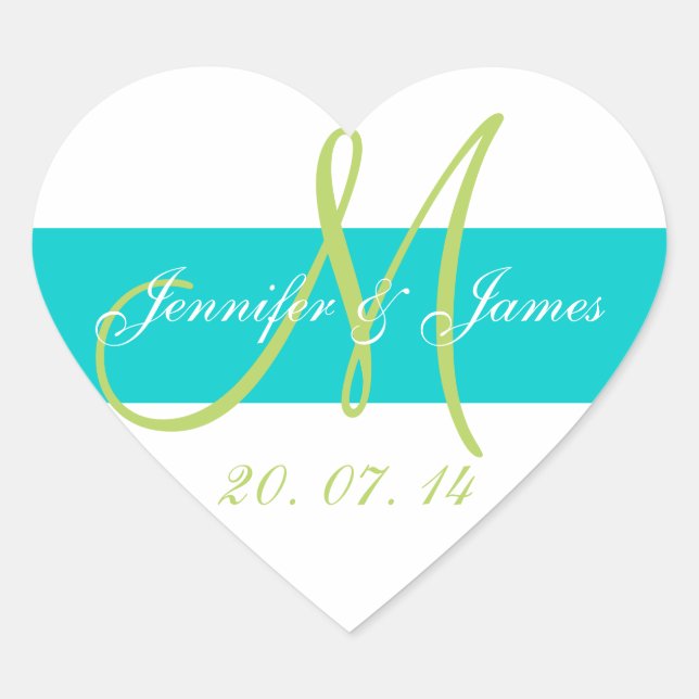 Teal, Green Monogrammed Wedding Heart Sticker (Front)