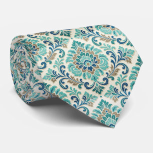 Teal Green Navy Blue Damask Botanical Floral Motif Tie