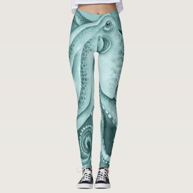 Teal Green Octopus Watercolor Leggings (Front)