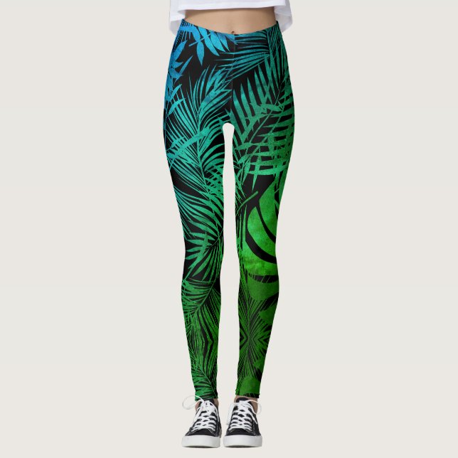 Teal green ombre tropical palm leaf patten modern leggings (Front)
