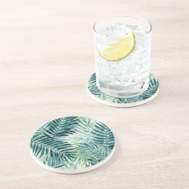 Teal Green Palm Leaves Coaster (Side)