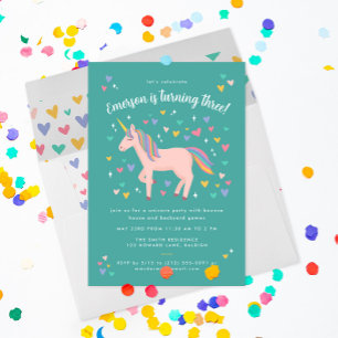 Teal Green Pastel Rainbow Unicorn Birthday Party Invitation