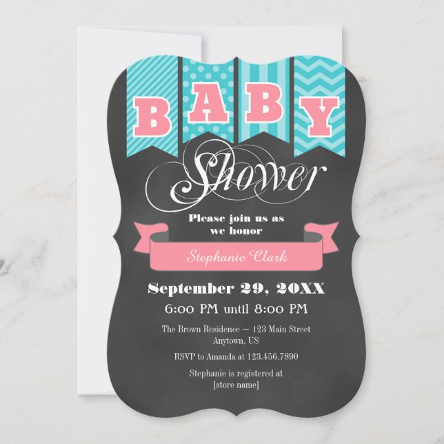 Teal Green Pink Chalkboard Flag Baby Shower Invite (Front)