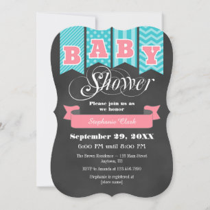 Teal Green Pink Chalkboard Flag Baby Shower Invite