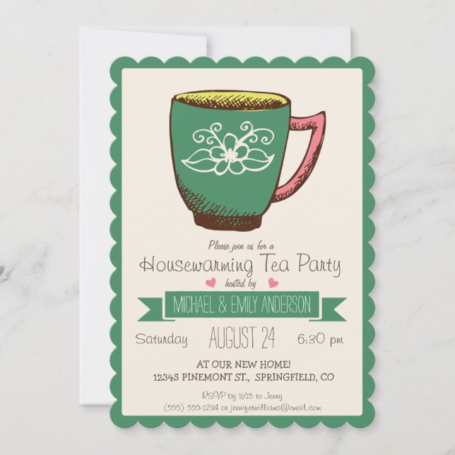 Teal Green & Pink Retro Housewarming Tea Party Invitation (Front)