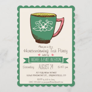 Teal Green & Pink Retro Housewarming Tea Party Invitation