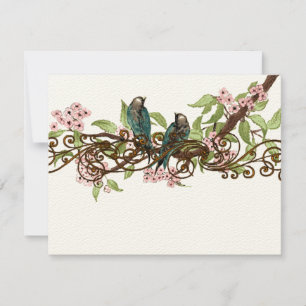 Teal Green Pink Vintage Birds Wedding RSVP