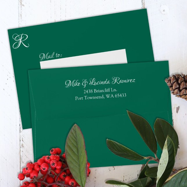 Teal Green Pre-addressed 5x7 Monogram Quinceanera Envelope (Hunter green, forest green 5x7 wedding invitation envelope with address printed on back flap)