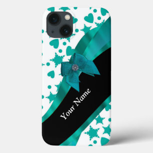 Teal green pretty spotty patterned personalised iPhone 13 case