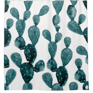 Teal Green Prickly Pear Cactus Shower Curtain