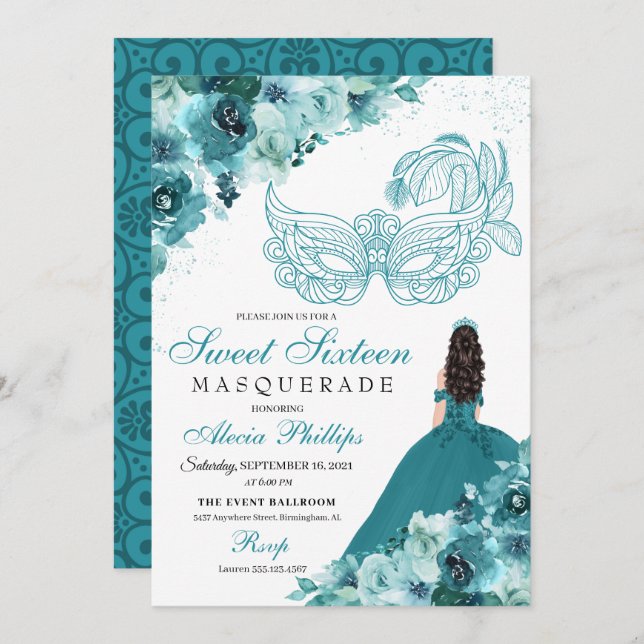 Teal Green Princess Masquerade Sweet 16 Invitation (Front/Back)