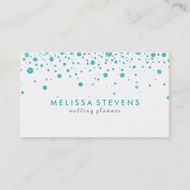 Teal Green Random Dots Size Design On White Business Card (Front)