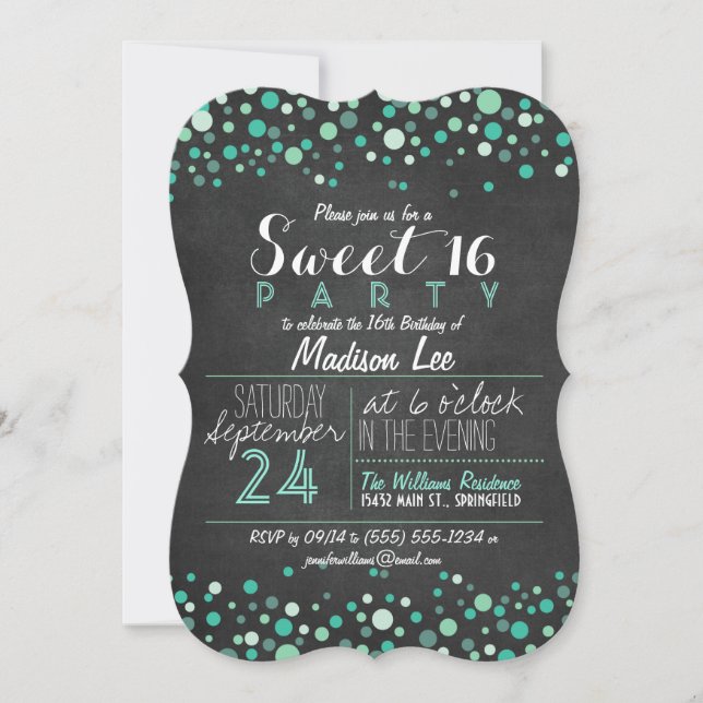Teal Green Retro Chalkboard Sweet 16 Party Invitation (Front)