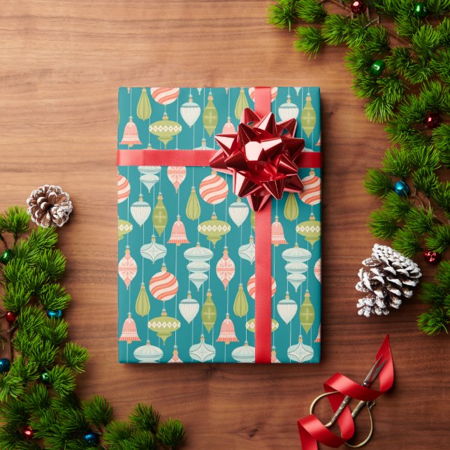Teal Green Retro Christmas Tree Ornaments Wrapping Paper (Holiday Gift)