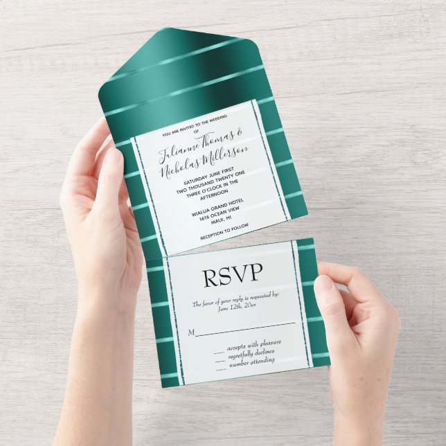 Teal Green Ribbon Wedding All In One Invitation (Tearaway)
