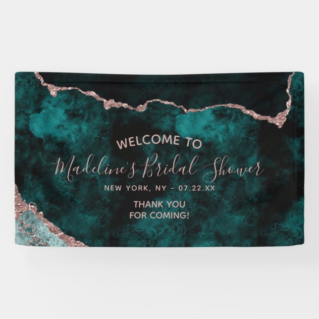 Teal Green Rose Gold Agate Bridal Shower Welcome Banner (Horizontal)