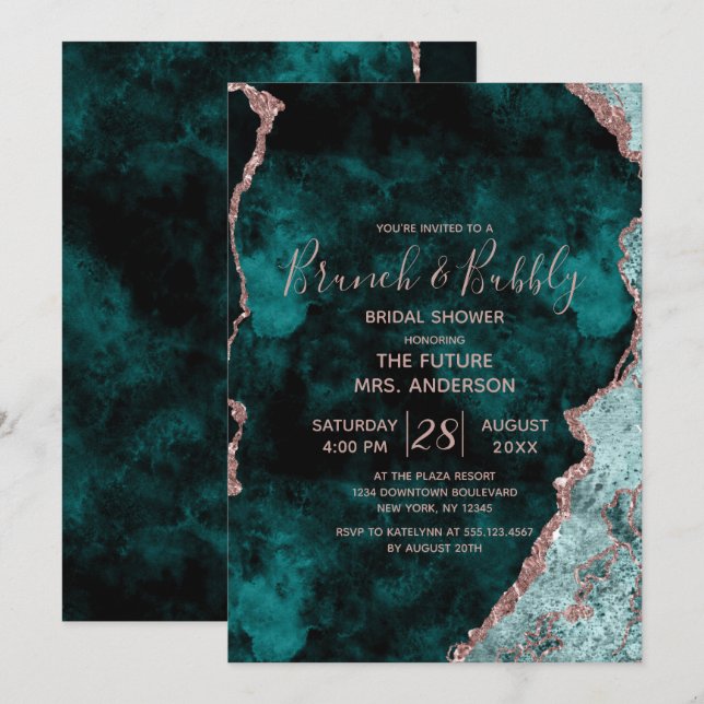 Teal Green Rose Gold Brunch & Bubbly Bridal Shower Invitation (Front/Back)