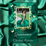 Teal Green Roses, Gold Butterflies Quinceanera<br><div class="desc">Elegant teal green Quinceañera invitation with real gold foil butterflies has a decorative photo frame for your verde Mis Quince dress photo. Change gold foil to other metallic options. Butterflies can easily be resized and repositioned. Whimsical green and gold butterfly design template is easy to customise. Upload a beautiful Mis...</div>