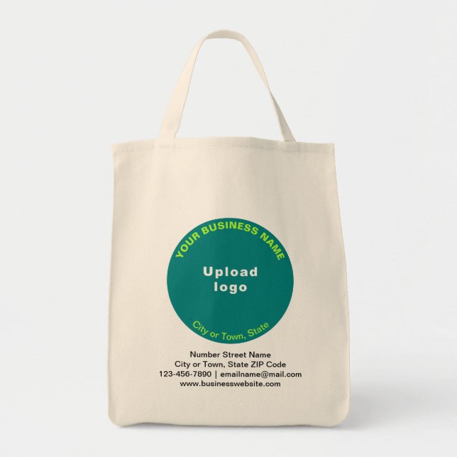 Teal Green Round Shape Business Brand on Grocery Tote Bag (Front)