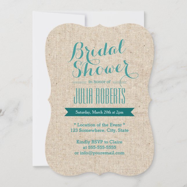 Teal Green Rustic Burlap Texture Bridal Shower Invitation (Front)