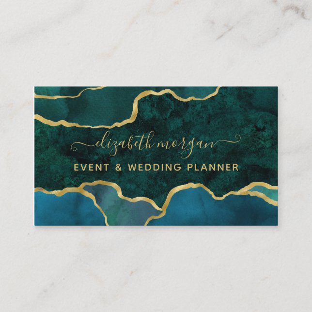  Teal Green Script Marble Agate Gold Foil Glitter Business Card (Front)