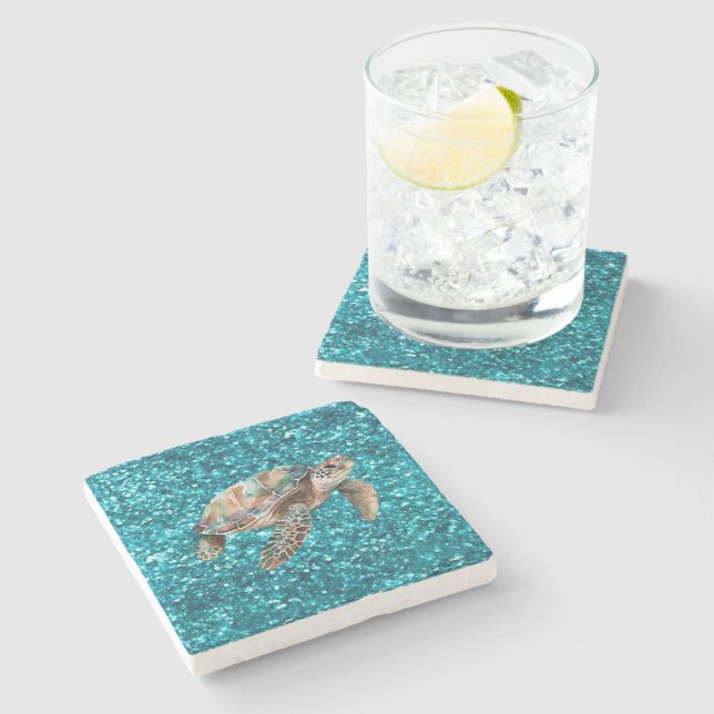 Teal Green Sea Turtle Stone Coaster (Side)