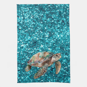Teal Green Sea Turtle Tea Towel