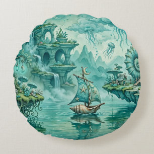 Teal Green Seascape Dream Surreal Fantasy Round Cushion