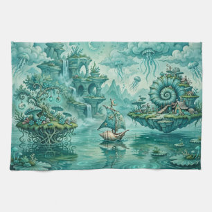 Teal Green Seascape Dream Surreal Fantasy Tea Towel