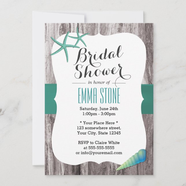 Teal Green Seashell & Starfish Beach Bridal Shower Invitation (Front)