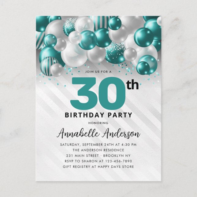 Teal Green Silver Balloon Glitter 30th Birthday  Postcard (Front)