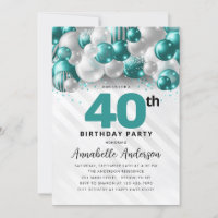 Teal Green Silver Balloon Glitter 40th Birthday