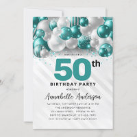Teal Green Silver Balloon Glitter 50th Birthday
